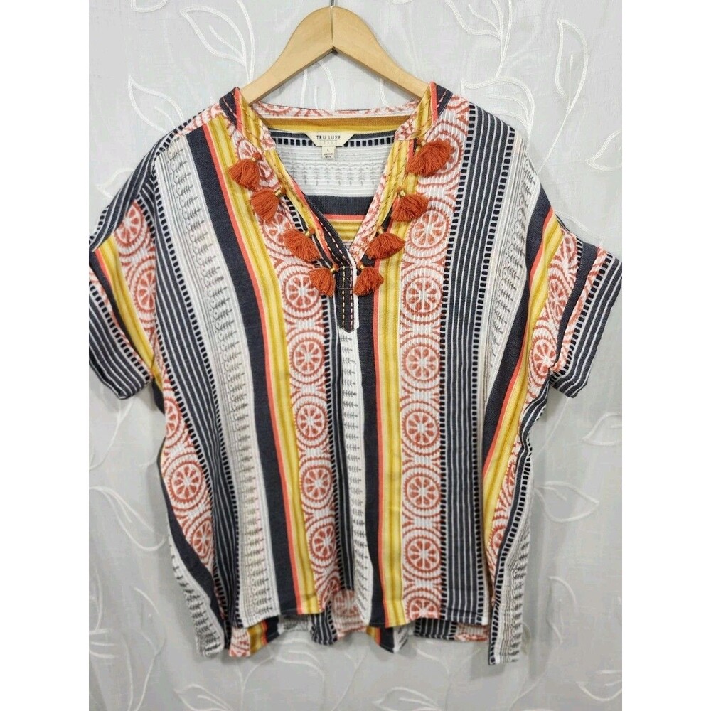 True Luxe Blouse Womens L Boho Tassle Lightweight Cotton Beachy